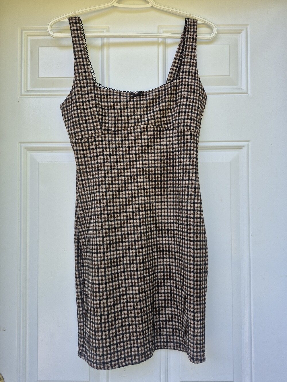 Neutral Brown And Black Plaid Sleeveless Mini Dress